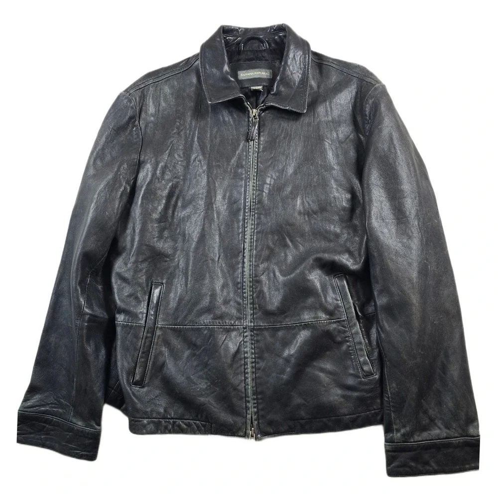 Banana Republic Leather Jacket Mens Large Black Distressed Well Worn Vintage